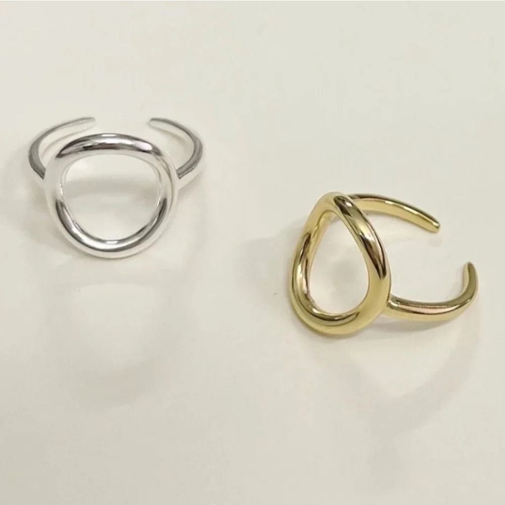 Unisex Geometric Open Circle‎ Karma Ring, White Gold Plated S925, Adjustable